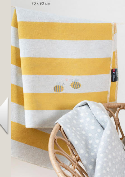 Yellow & Grey Juwel Baby Blanket, Stripes with Bees 90x70cm