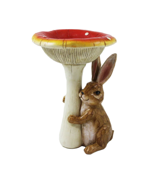 Poly Rabbit with Mushroom Birdbath/Feeder