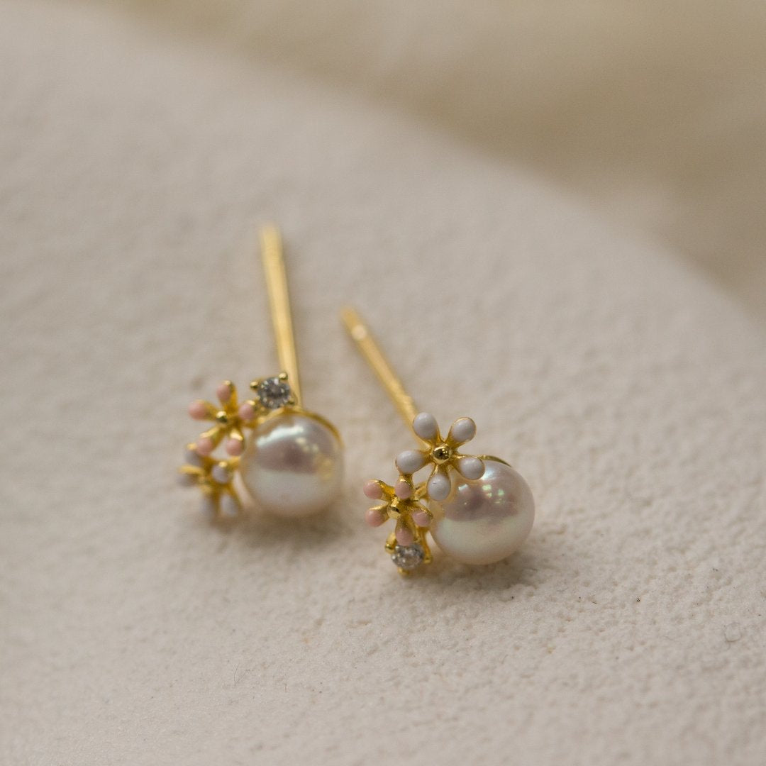 Sterling Silver Gold Vermeil Pearl & Double Flowers CZ Stud Earrings