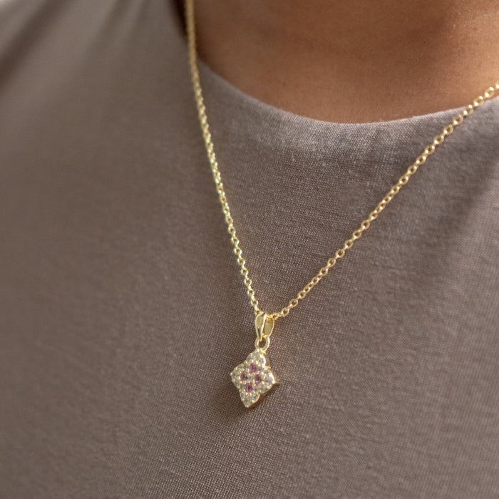 Sterling Silver Gold Vermeil CZ Pave White & Ruby Clover Necklace