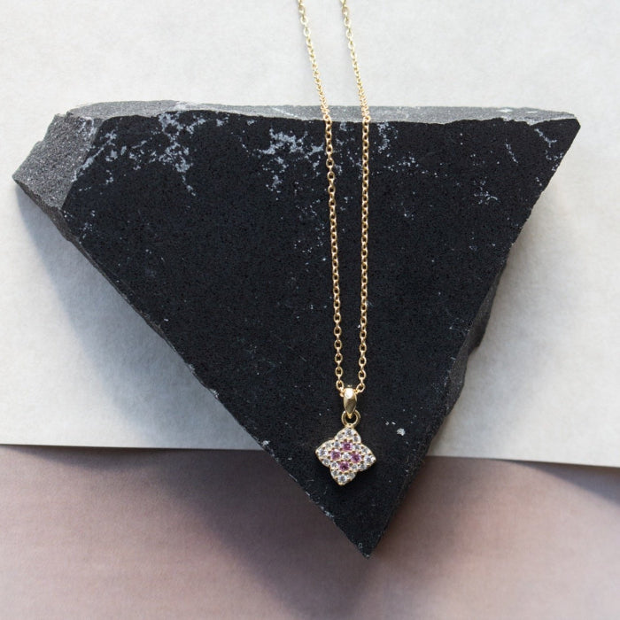 Sterling Silver Gold Vermeil CZ Pave White & Ruby Clover Necklace