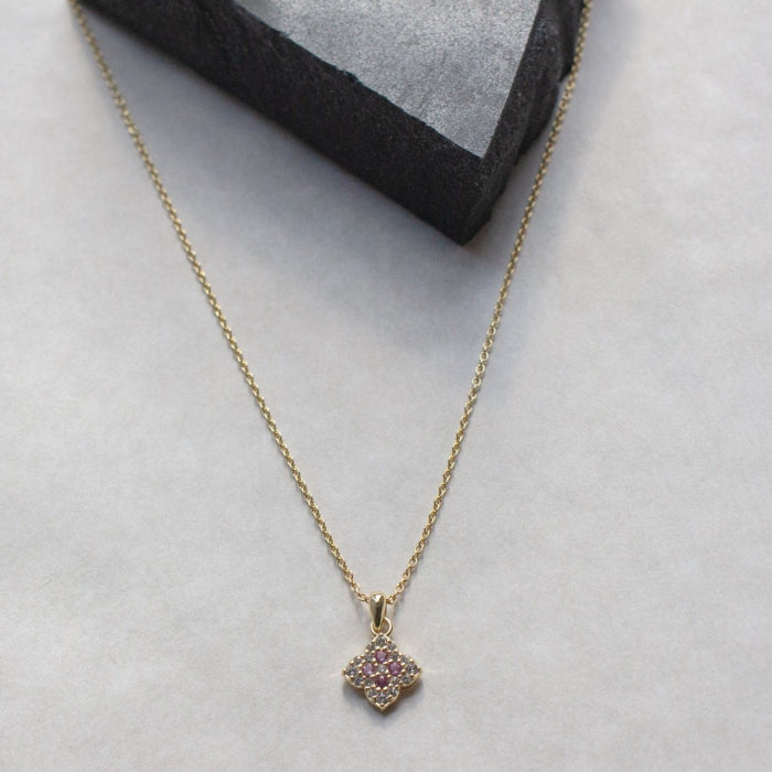 Sterling Silver Gold Vermeil CZ Pave White & Ruby Clover Necklace