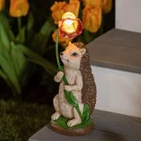 Hedgehog Garden Statue with LED Acrylic Flower, Battery Operated