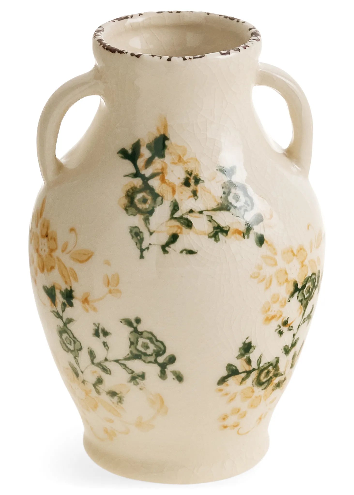 Stoneware Vase w/Handles, Floral Green Painted