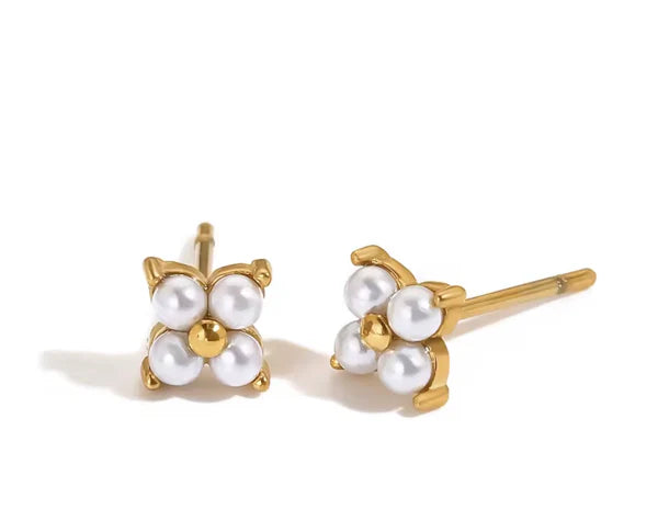 Flower Pearl Earrings, Stainless Steel