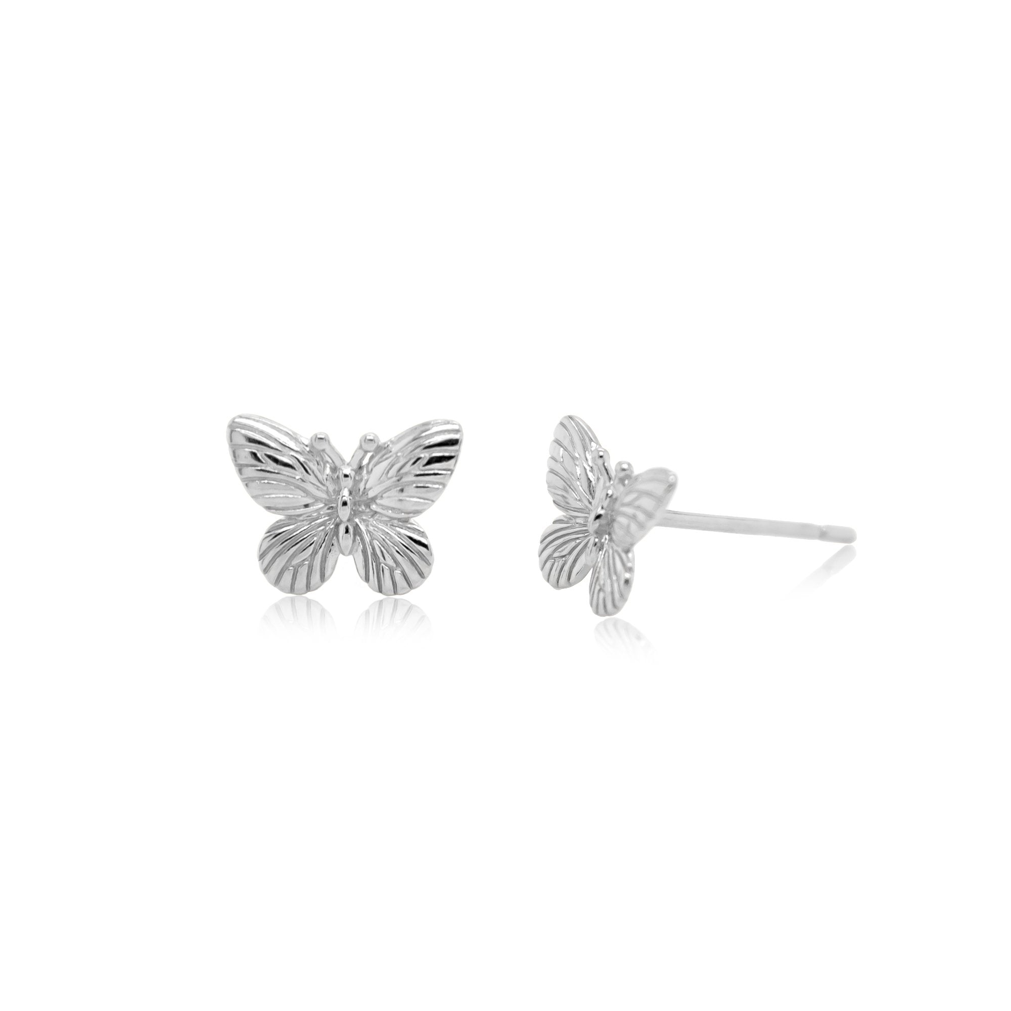 Sterling Silver Plain Detailed Butterfly Studs, Rhodium