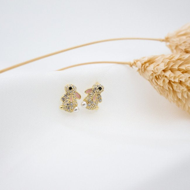 Sterling Silver Pave Bunny with Pearl Tail Studs