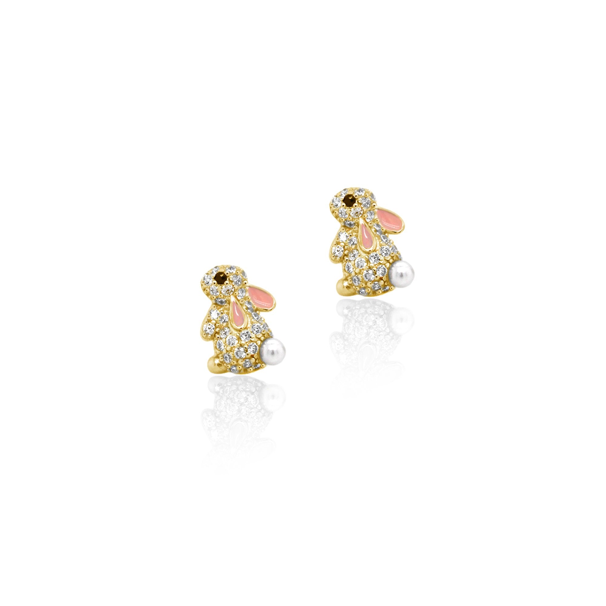 Sterling Silver Pave Bunny with Pearl Tail Studs
