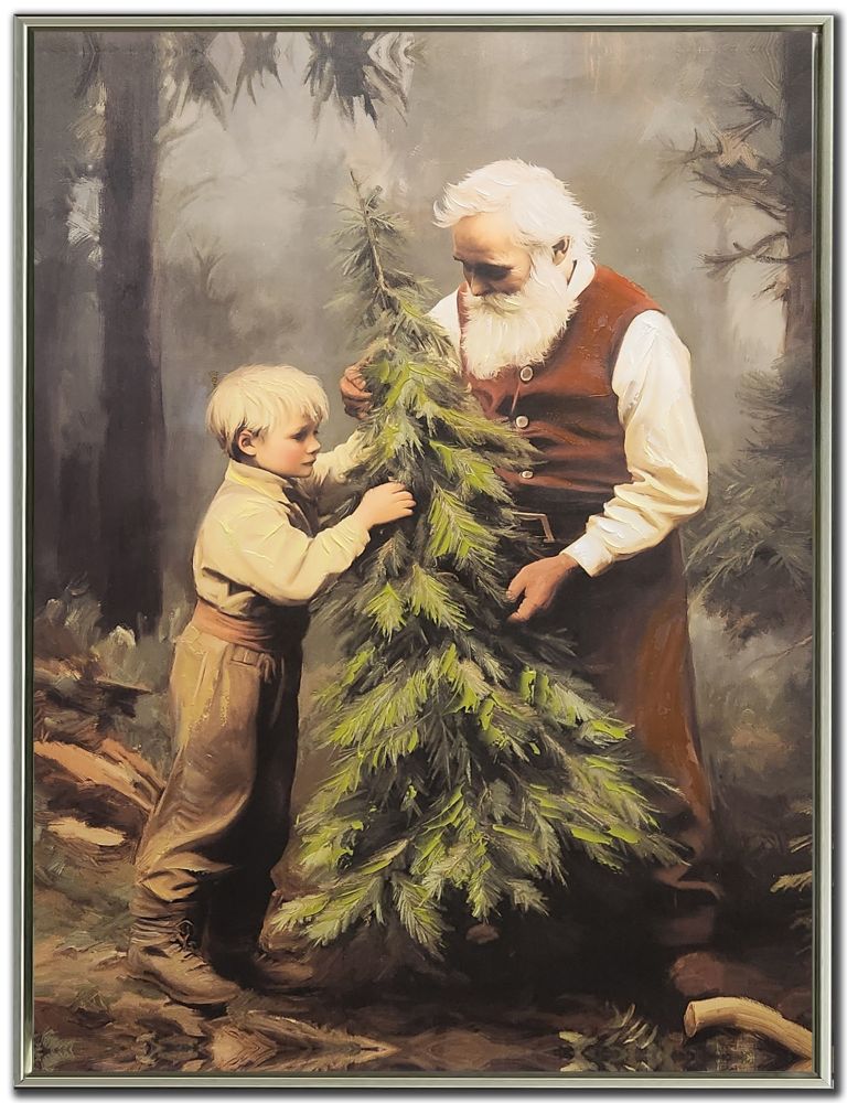 Traditional Santa and Tree, 30x40 Canvas, Framed