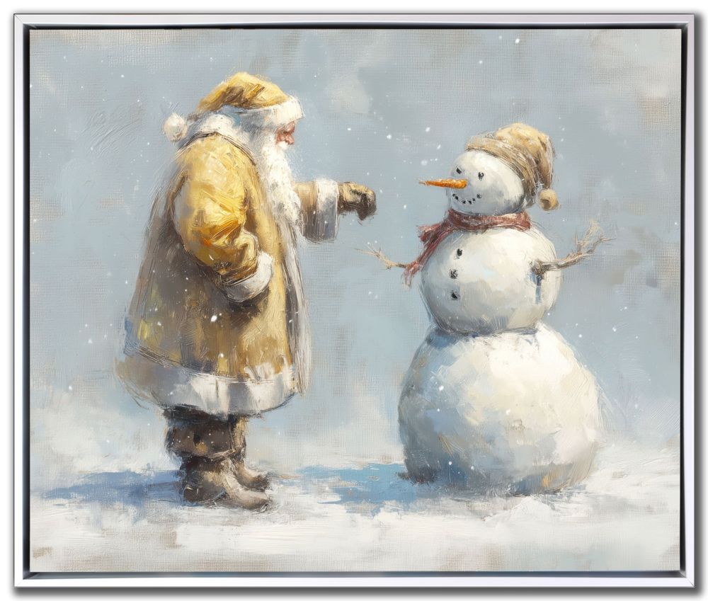 Gold Santa With Snowman, 20x24 Canvas, Framed
