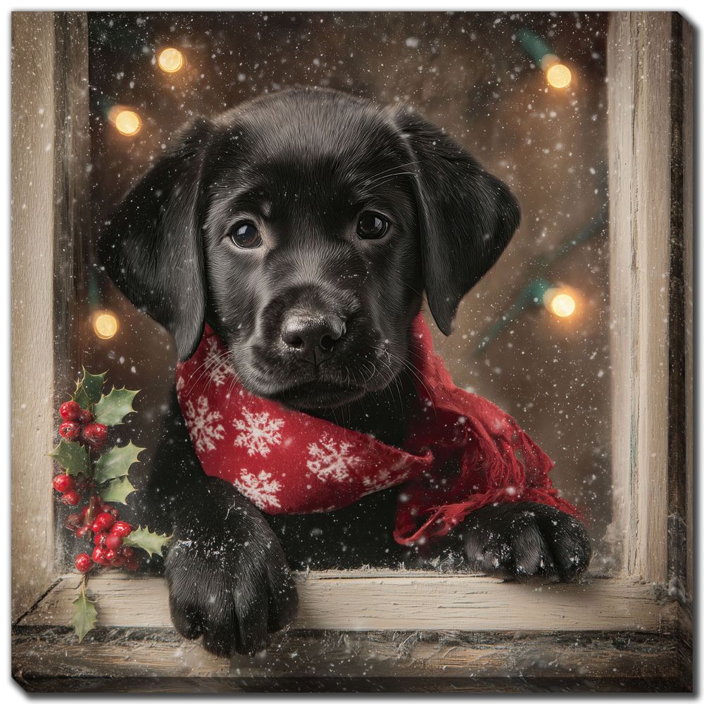Black Lab Christmas Window, 18x18 Canvas