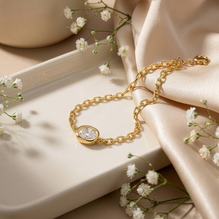 Premium Gold Plated Oval Cut CZ Bezel Set Solitaire Bracelet