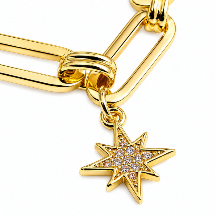 Premium Gold Plated CZ Freshwater Pearl Multi Charms Paperclip Bracelet