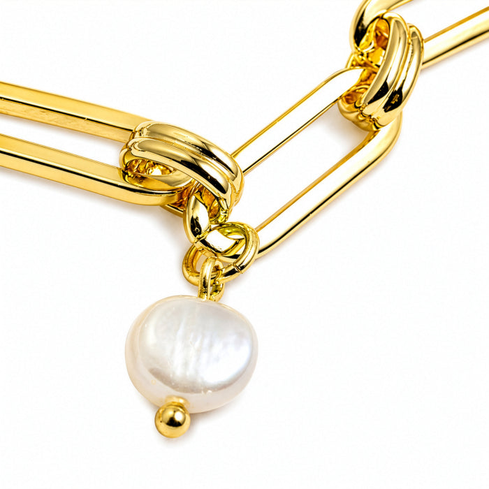 Premium Gold Plated CZ Freshwater Pearl Multi Charms Paperclip Bracelet