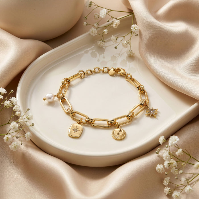 Premium Gold Plated CZ Freshwater Pearl Multi Charms Paperclip Bracelet