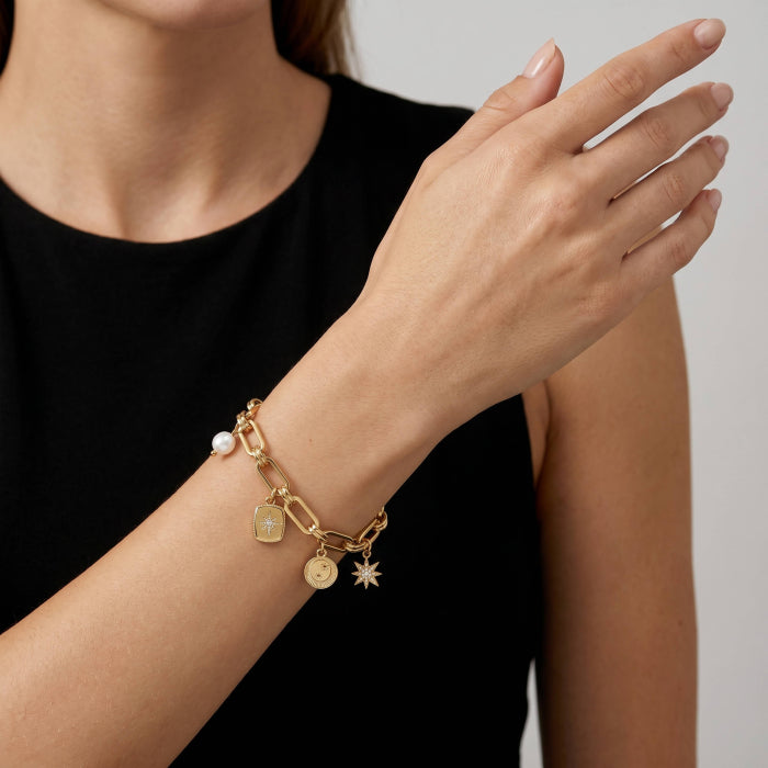 Premium Gold Plated CZ Freshwater Pearl Multi Charms Paperclip Bracelet