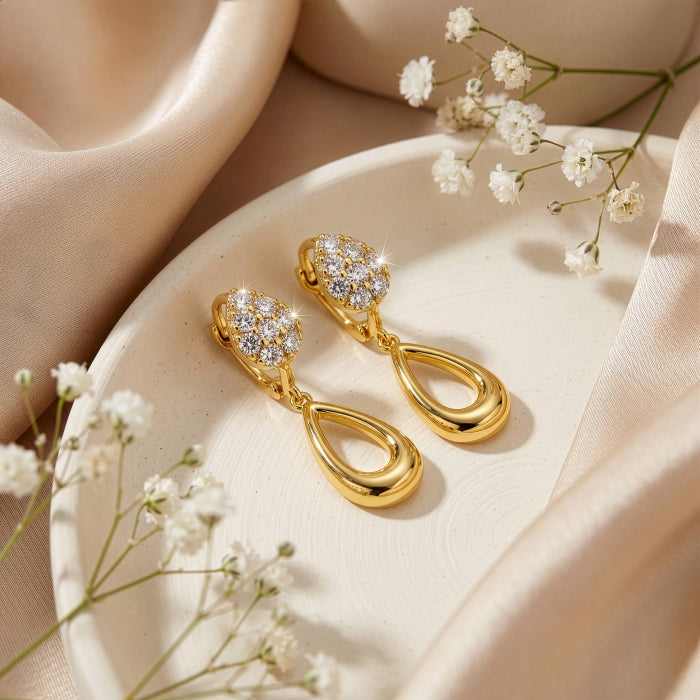 Premium Gold Plated CZ Pave Dangling Teardrop Huggie Earrings