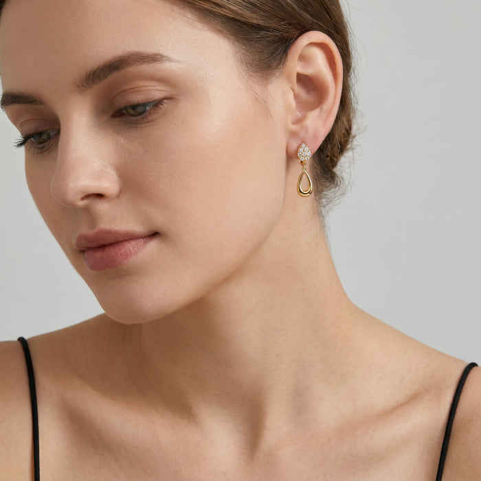 Premium Gold Plated CZ Pave Dangling Teardrop Huggie Earrings