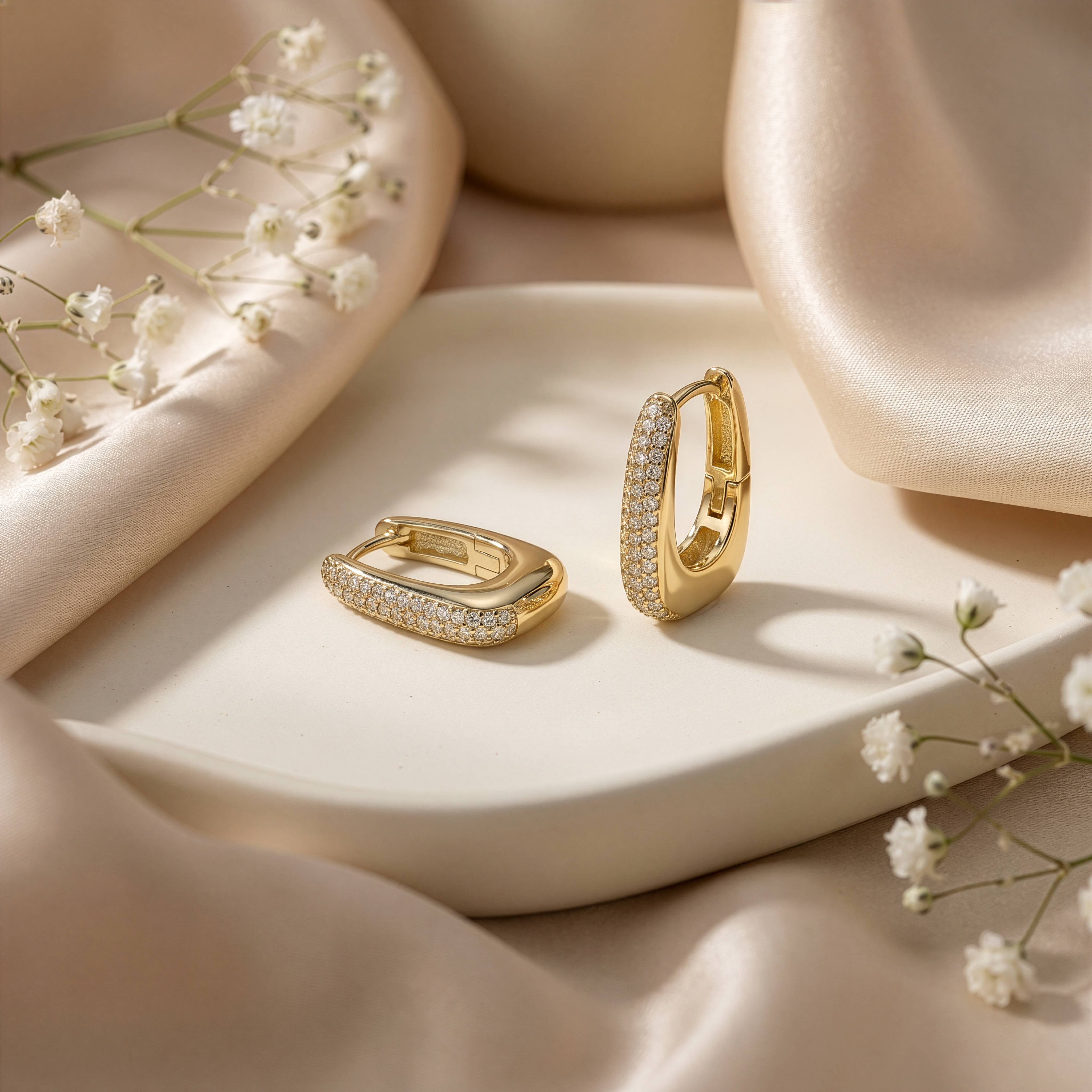 Premium Gold Plated CZ Pave U-Shaped Huggie Earrings