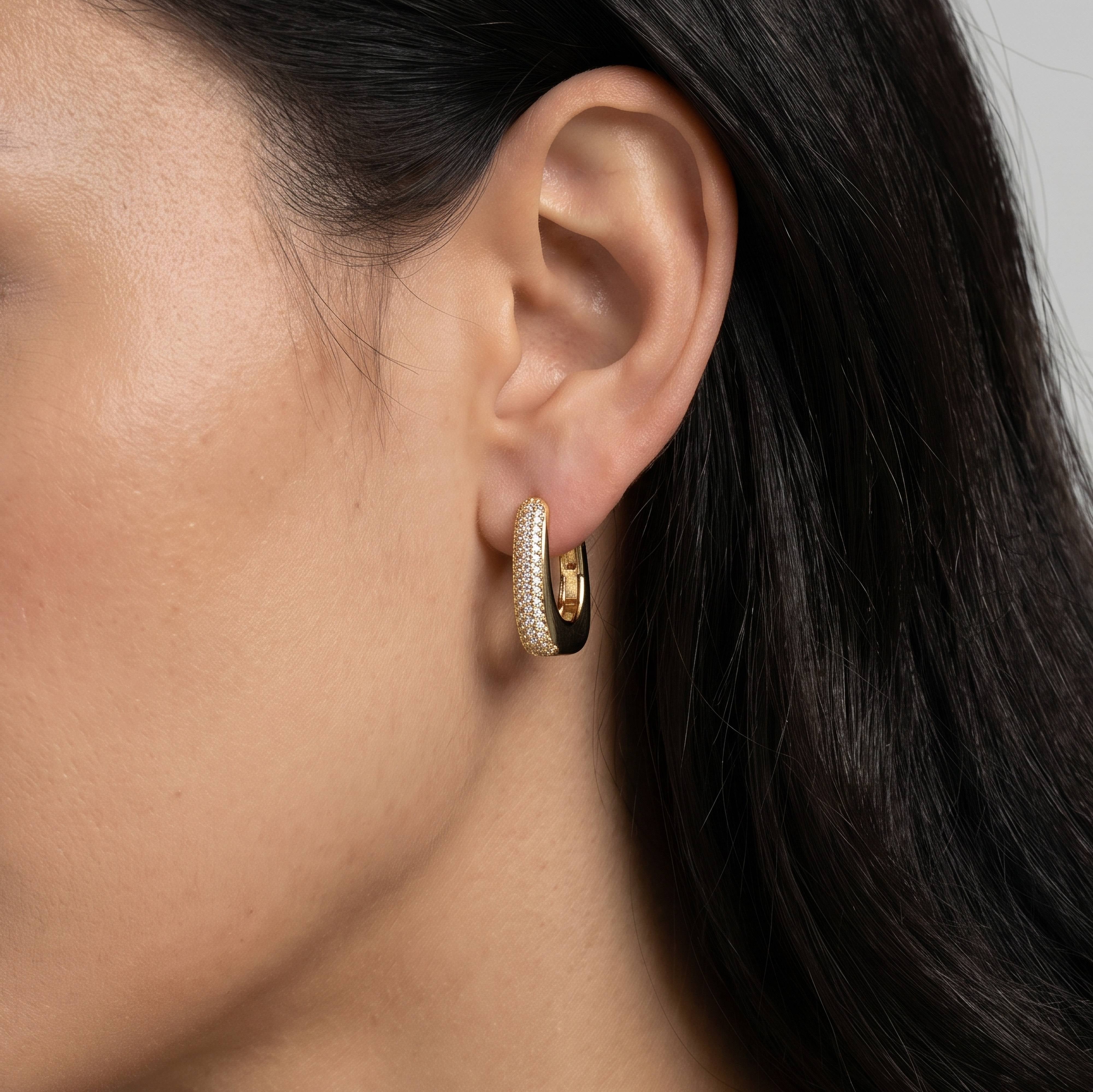 Premium Gold Plated CZ Pave U-Shaped Huggie Earrings