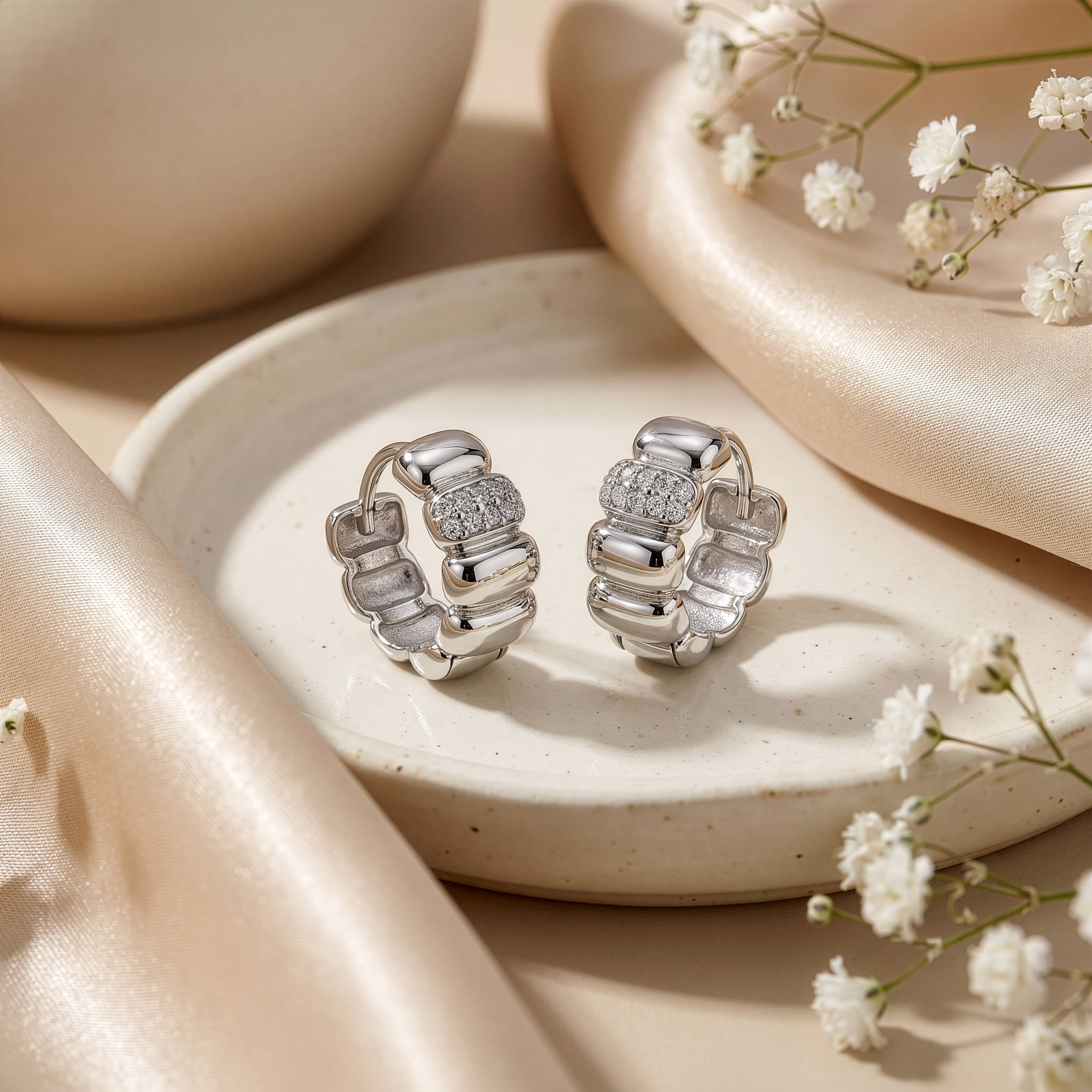 Premium Rhodium Plated CZ Ribbed Huggie Earrings