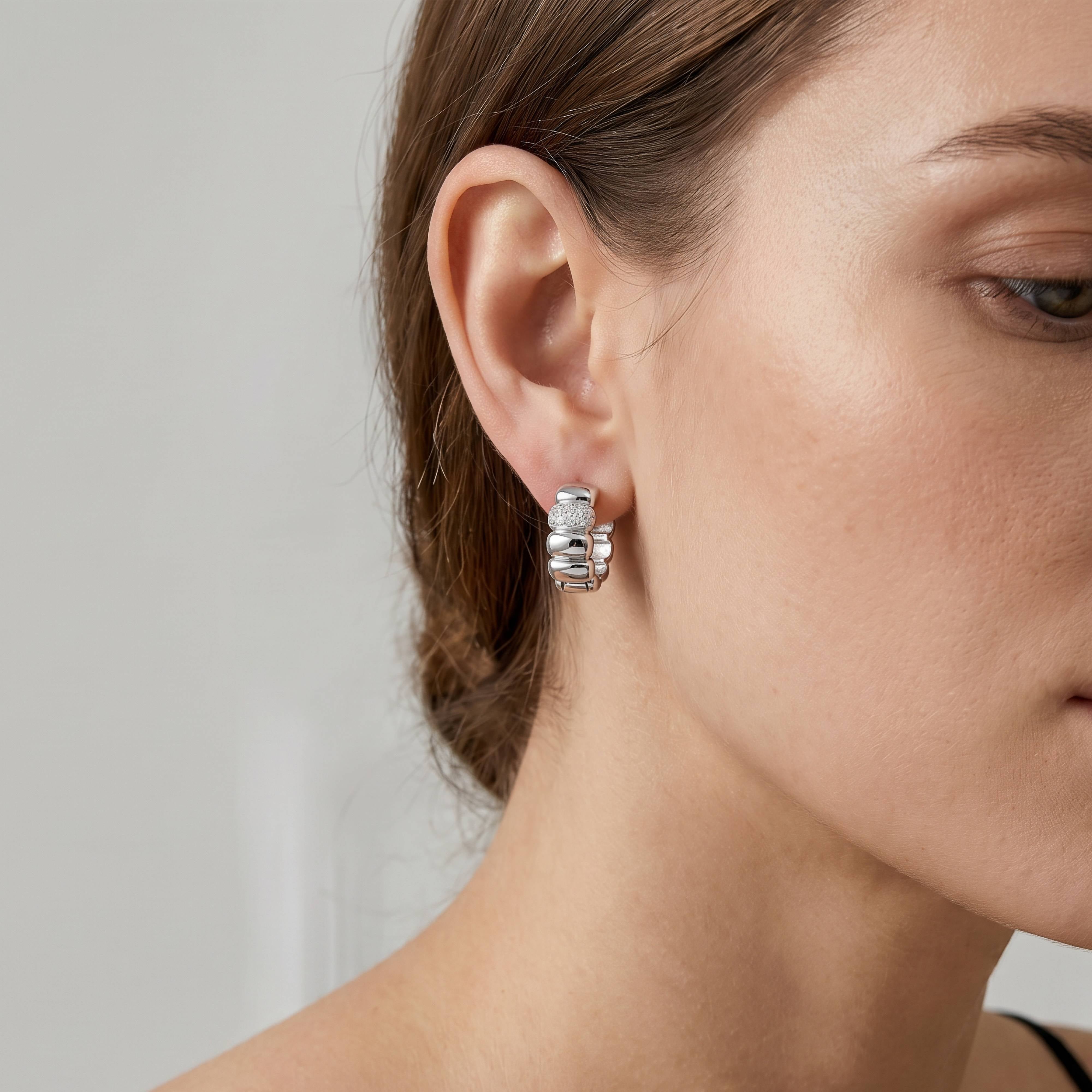 Premium Rhodium Plated CZ Ribbed Huggie Earrings
