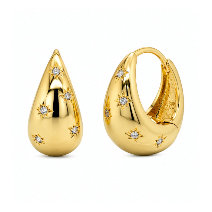 Premium Gold Plated CZ Star Setting Tapered Dome Huggie Earrings