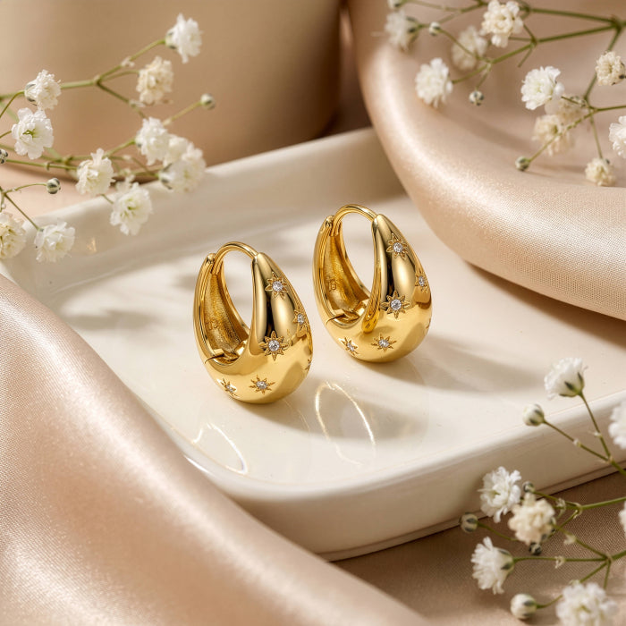 Premium Gold Plated CZ Star Setting Tapered Dome Huggie Earrings