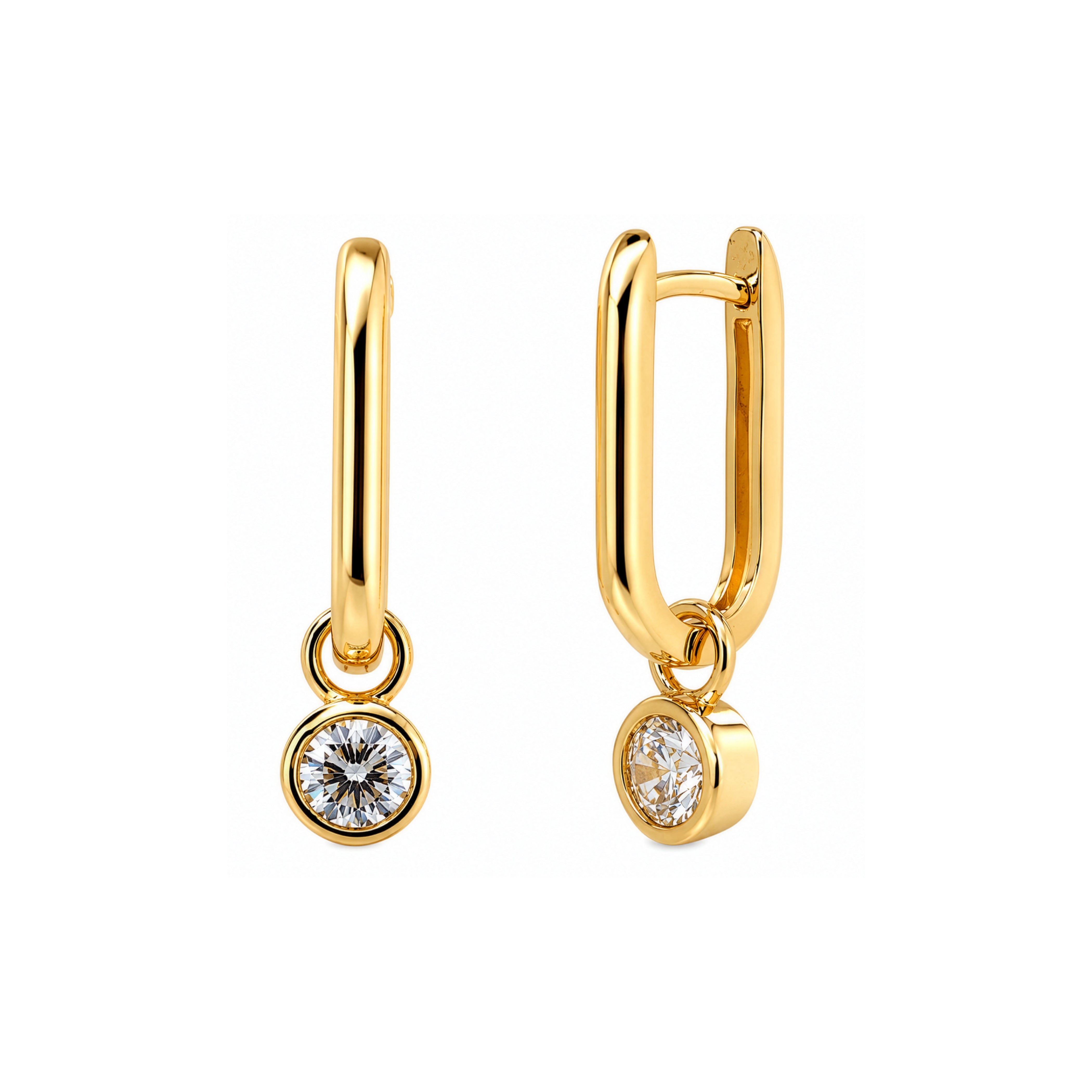 Premium Gold Plated Dangling Round CZ Bezel Set Paperclip Huggie Earrings