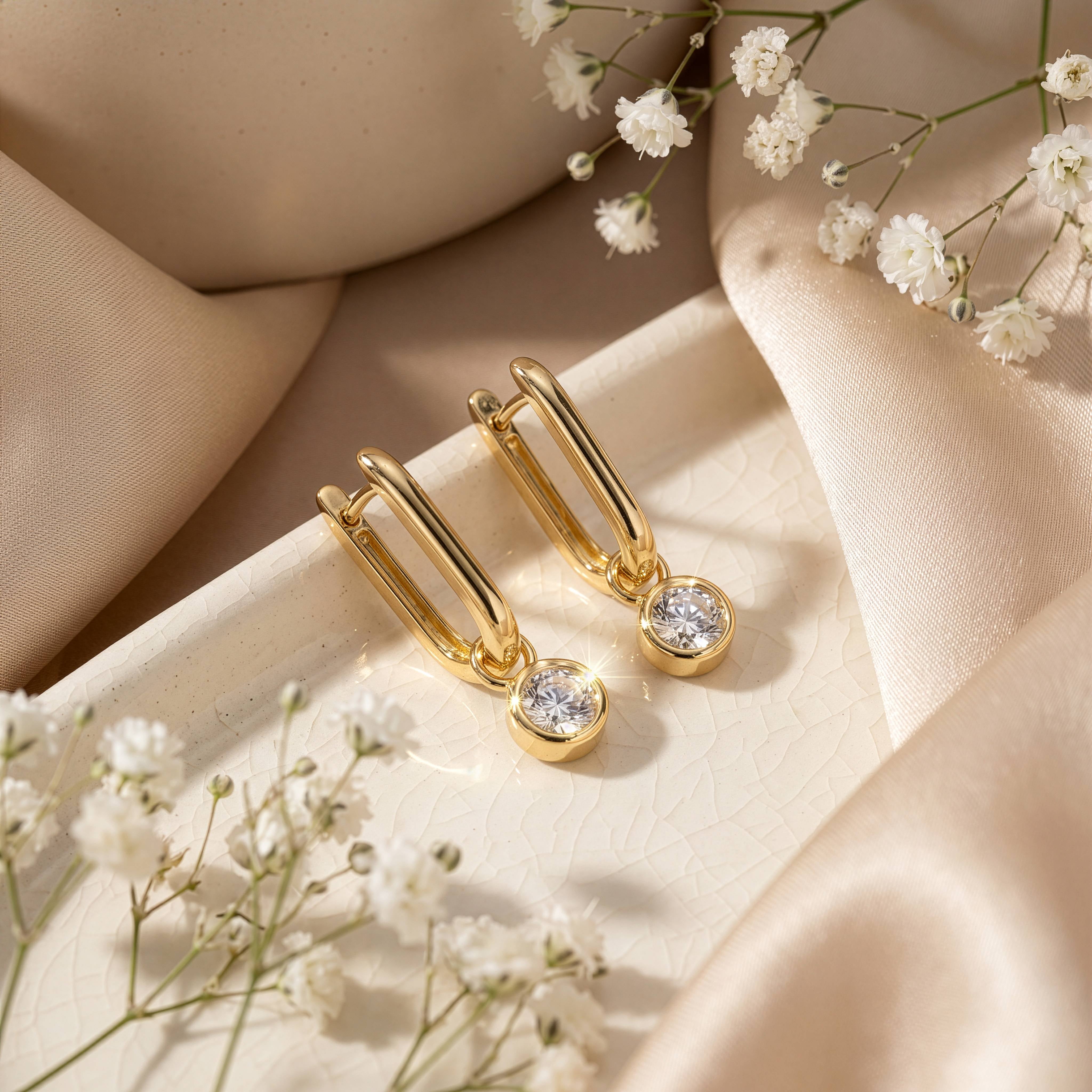 Premium Gold Plated Dangling Round CZ Bezel Set Paperclip Huggie Earrings