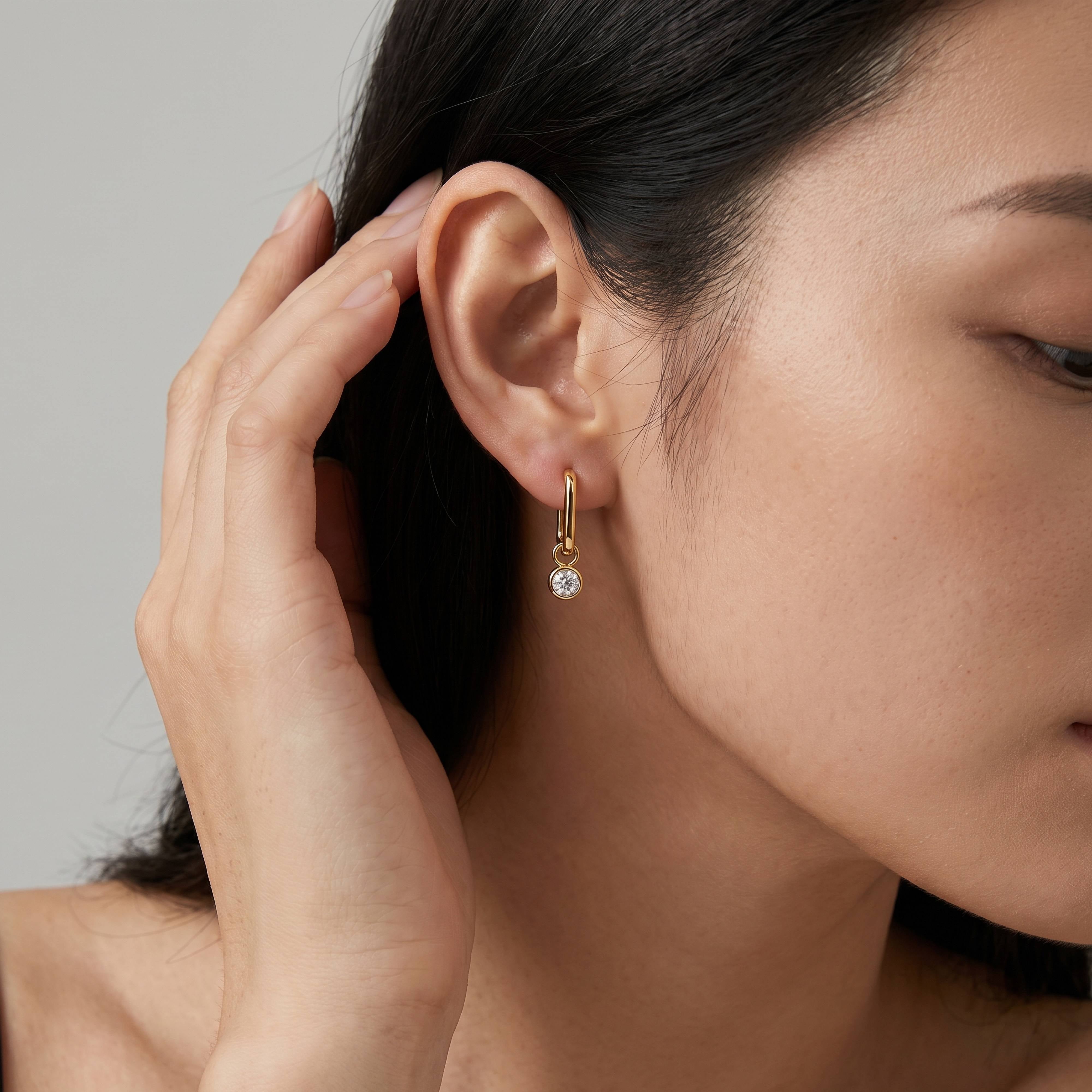Premium Gold Plated Dangling Round CZ Bezel Set Paperclip Huggie Earrings