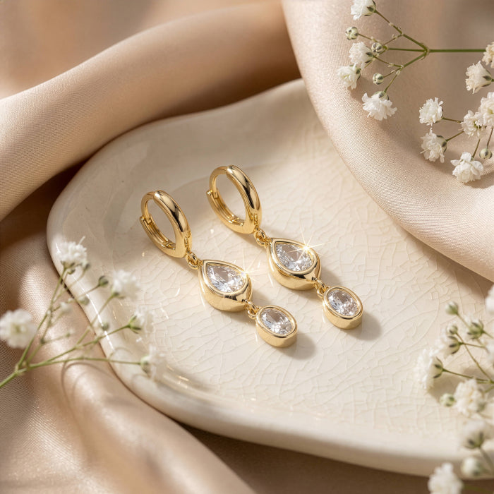 Premium Gold Plated Dangling Bezel Set Huggie Earrings