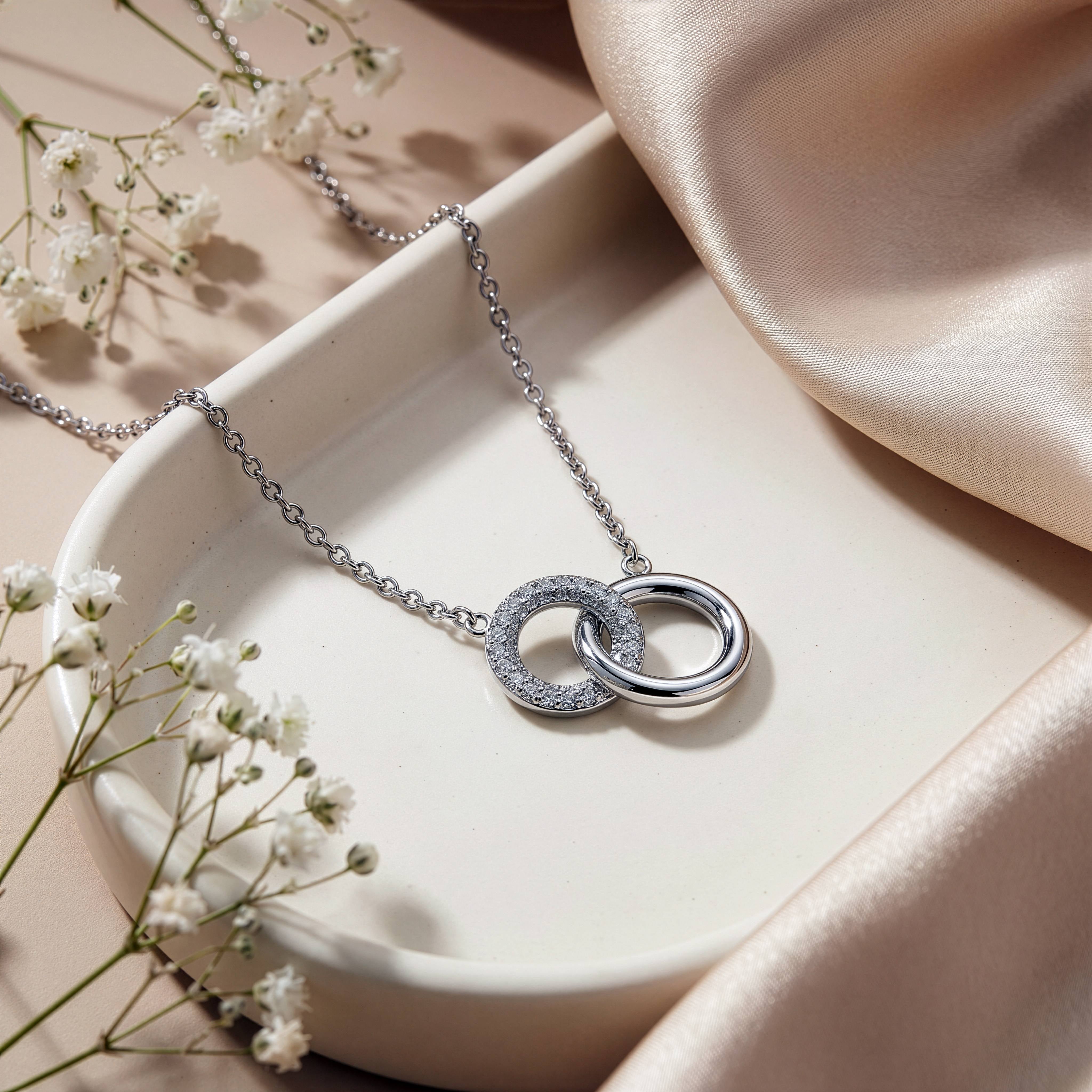 Premium Rhodium Plated CZ Pave Interlocking Rings Necklace