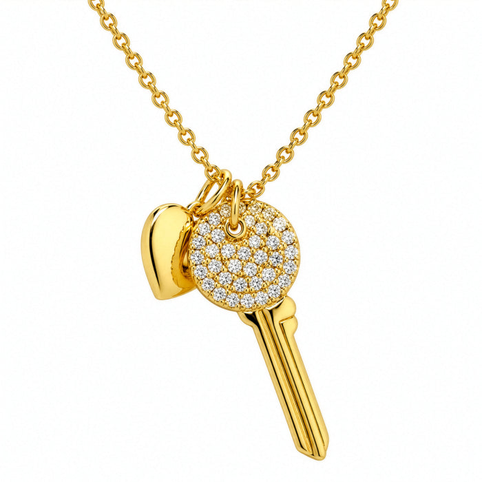 Premium Gold Plated CZ Pave Key & Heart Necklace