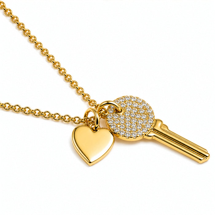 Premium Gold Plated CZ Pave Key & Heart Necklace
