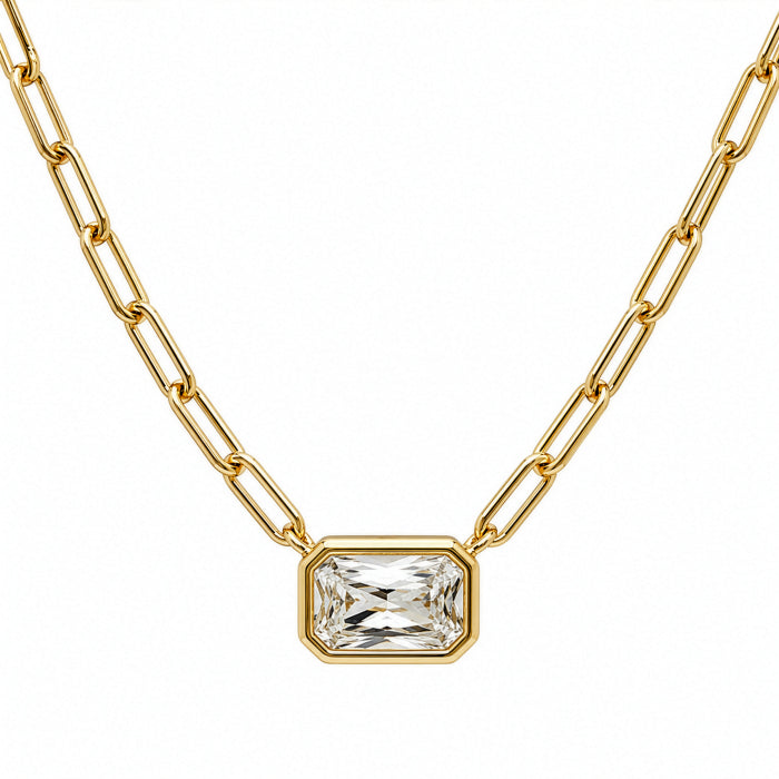 Premium Gold Plated Emerald Cut CZ Bezel Set Solitaire Necklace