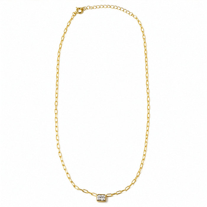Premium Gold Plated Emerald Cut CZ Bezel Set Solitaire Necklace