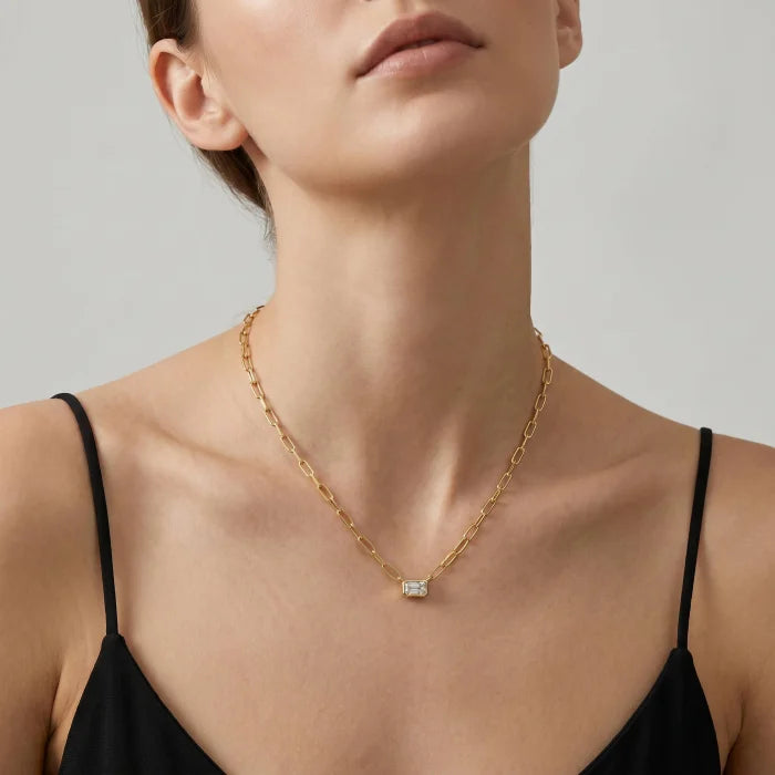 Premium Gold Plated Emerald Cut CZ Bezel Set Solitaire Necklace