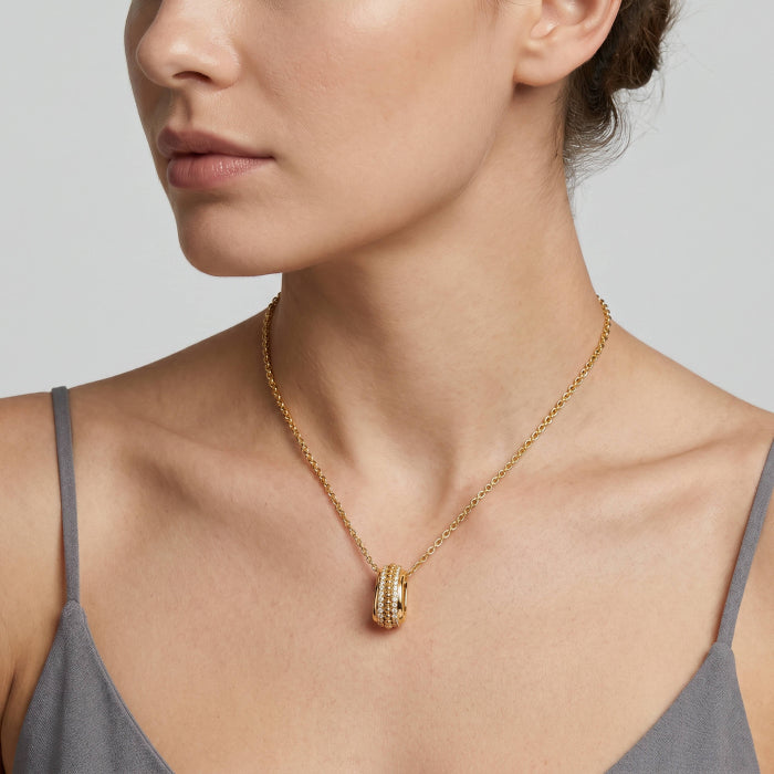 Premium Gold Plated CZ Pave Oval Ring Pendant Necklace