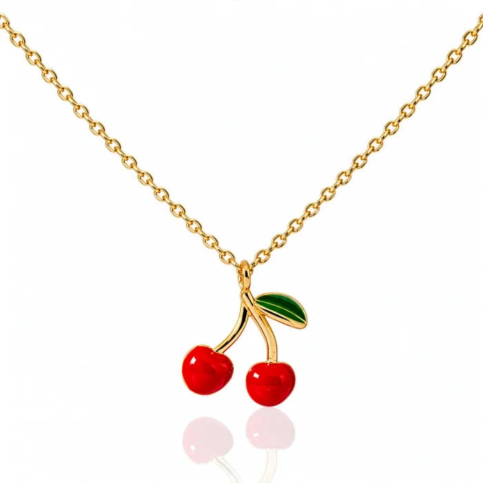 Premium Gold Plated Red Epoxy Cherries Necklace
