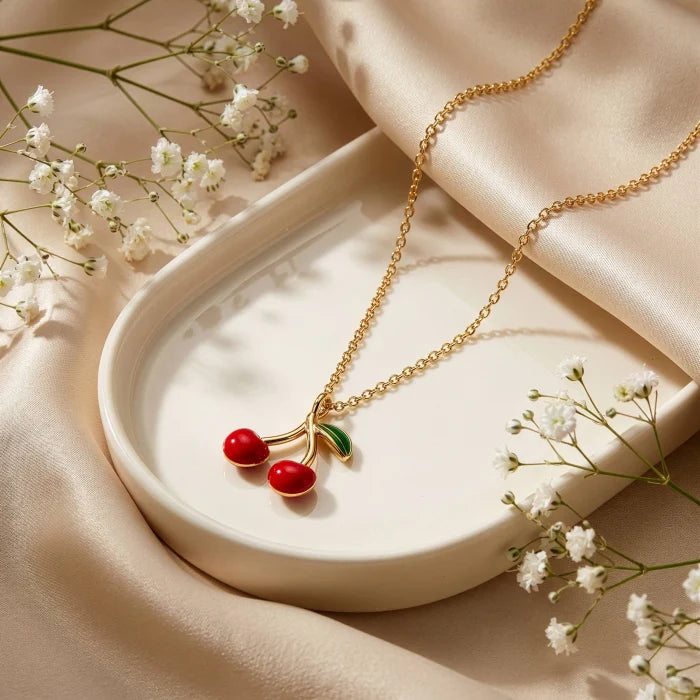 Premium Gold Plated Red Epoxy Cherries Necklace