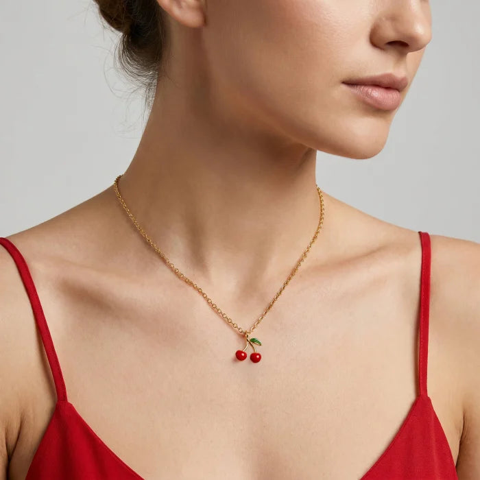 Premium Gold Plated Red Epoxy Cherries Necklace