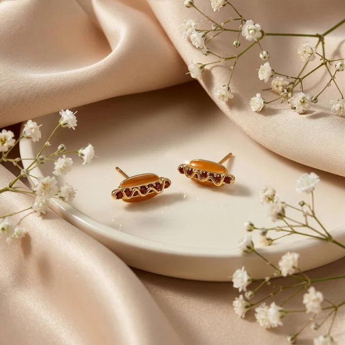 Premium Gold Plated Epoxy CZ Hot Dog Stud Earrings