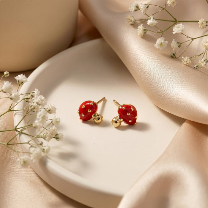 Premium Gold Plated Red Epoxy Mushroom Stud Earrings