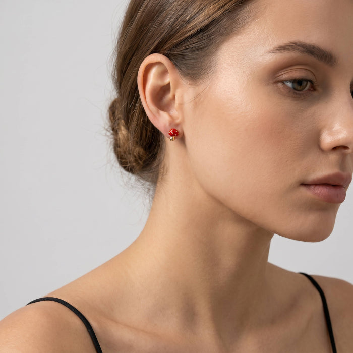Premium Gold Plated Red Epoxy Mushroom Stud Earrings
