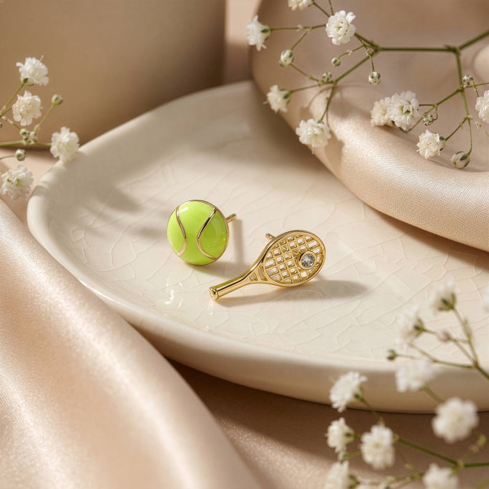 Premium Gold Plated Mismatch Epoxy Tennis & CZ Racket Stud Earrings