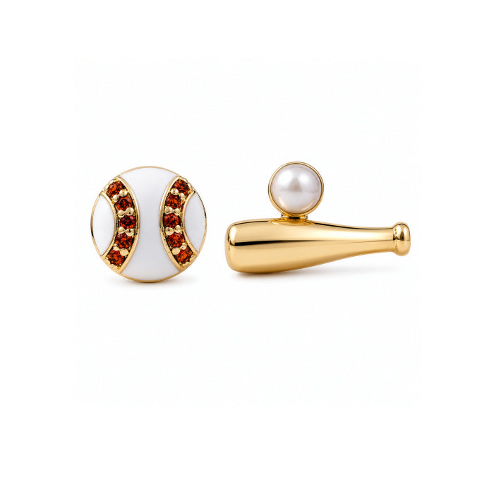 Premium Gold Plated Mismatch Epoxy Baseball & Bat Stud Earrings