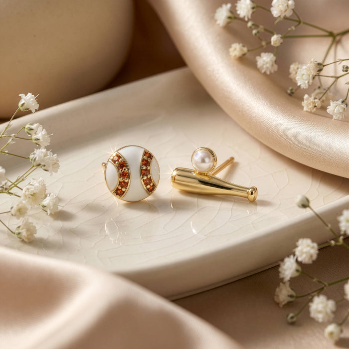 Premium Gold Plated Mismatch Epoxy Baseball & Bat Stud Earrings