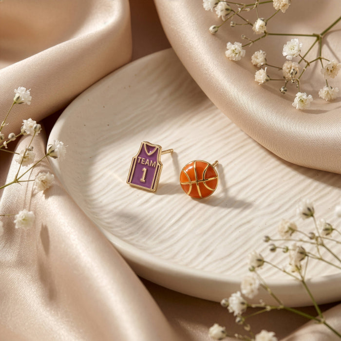 Premium Gold Plated Mismatch Epoxy Basketball & Jersey Stud Earrings