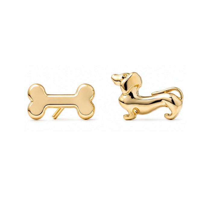 Premium Gold Plated Mismatch Dachshund & Bone Stud Earrings